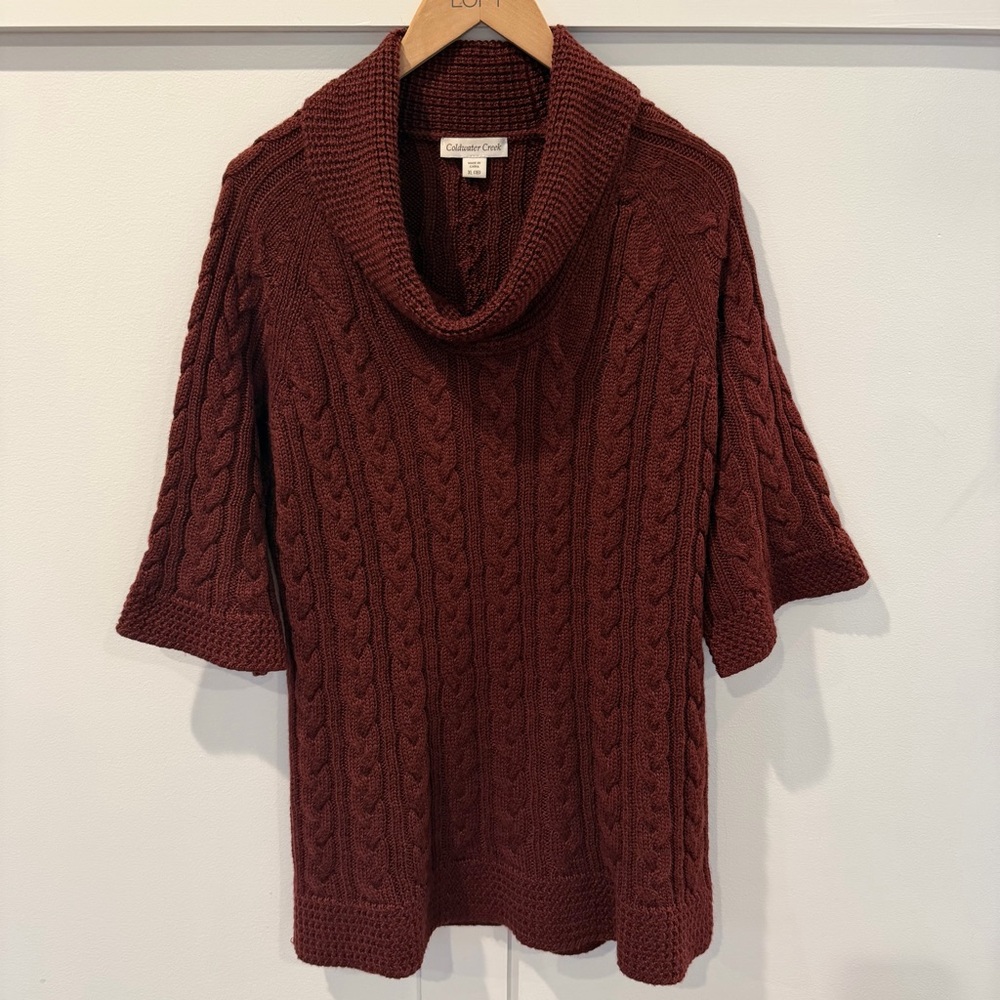 Coldwater Creek Women's Sweater Chunky Cable Knit Cowl Neck Elbow Sleeve Maroon